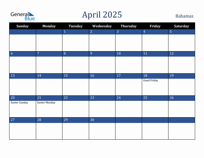 April 2025 Bahamas Calendar (Sunday Start)