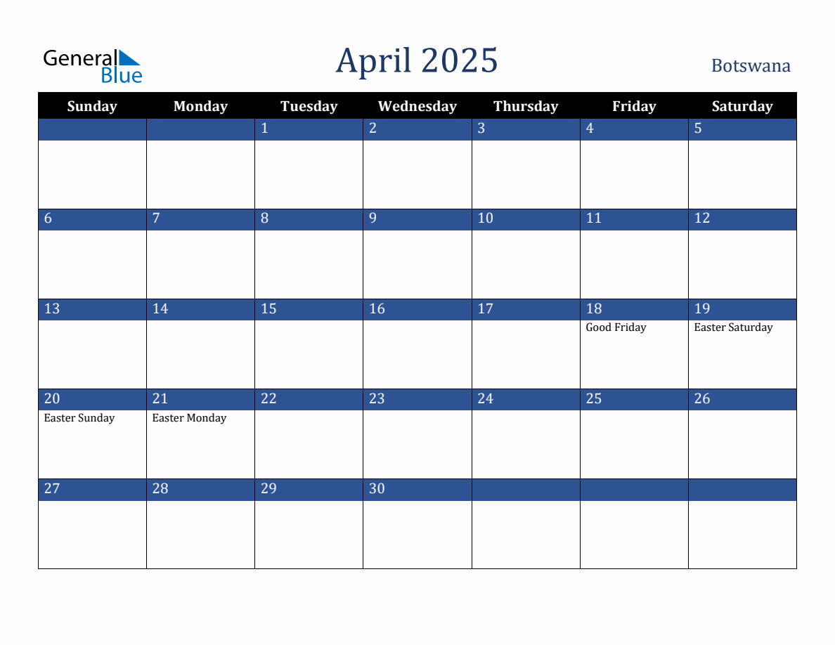 April 2025 Botswana Holiday Calendar