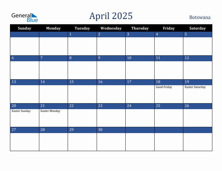 April 2025 Botswana Calendar (Sunday Start)