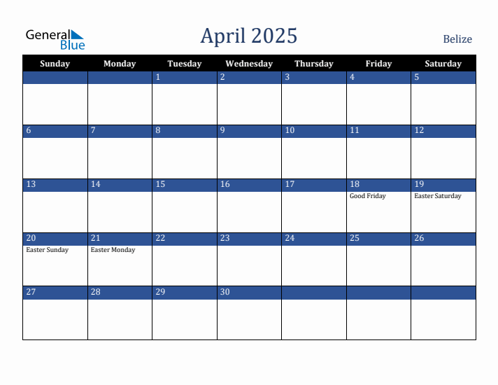 April 2025 Belize Calendar (Sunday Start)
