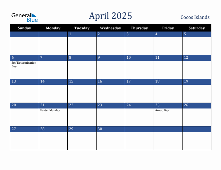 April 2025 Cocos Islands Calendar (Sunday Start)