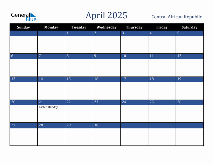 April 2025 Central African Republic Calendar (Sunday Start)