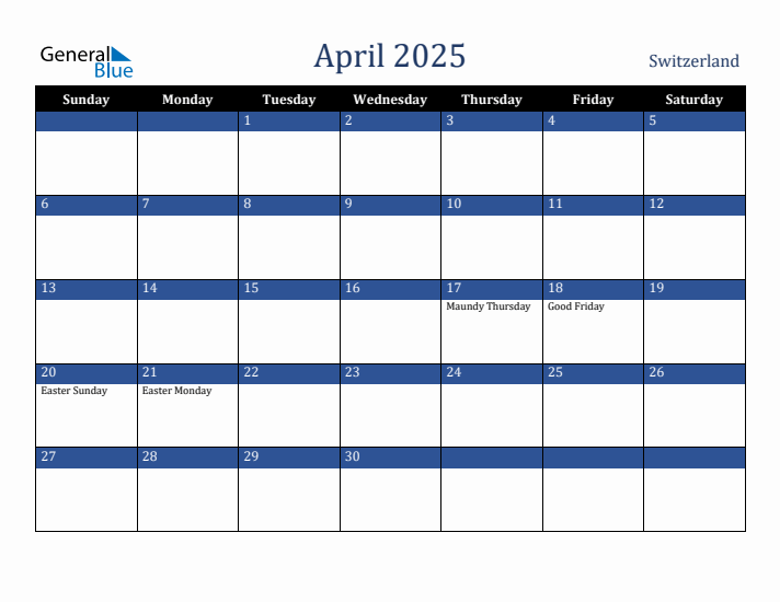 April 2025 Switzerland Calendar (Sunday Start)