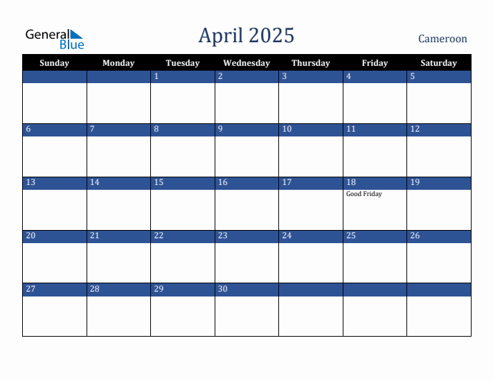 April 2025 Cameroon Calendar (Sunday Start)