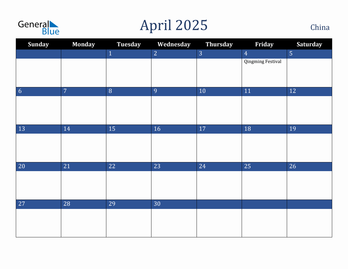 April 2025 China Holiday Calendar
