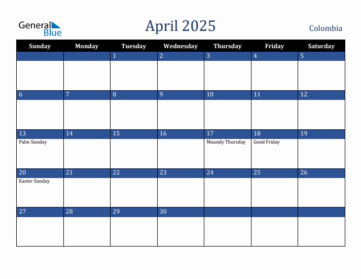 April 2025 Colombia Calendar (Sunday Start)