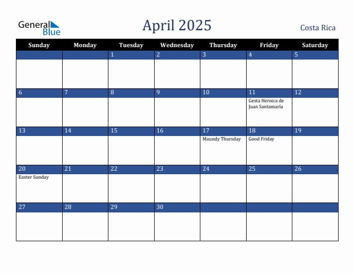 April 2025 Costa Rica Calendar (Sunday Start)