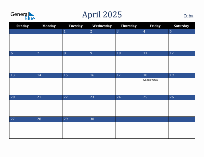 April 2025 Cuba Calendar (Sunday Start)