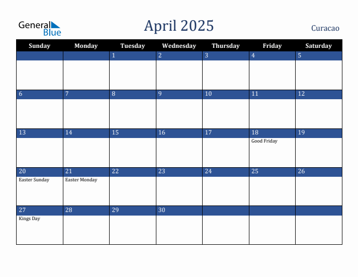 April 2025 Curacao Calendar (Sunday Start)