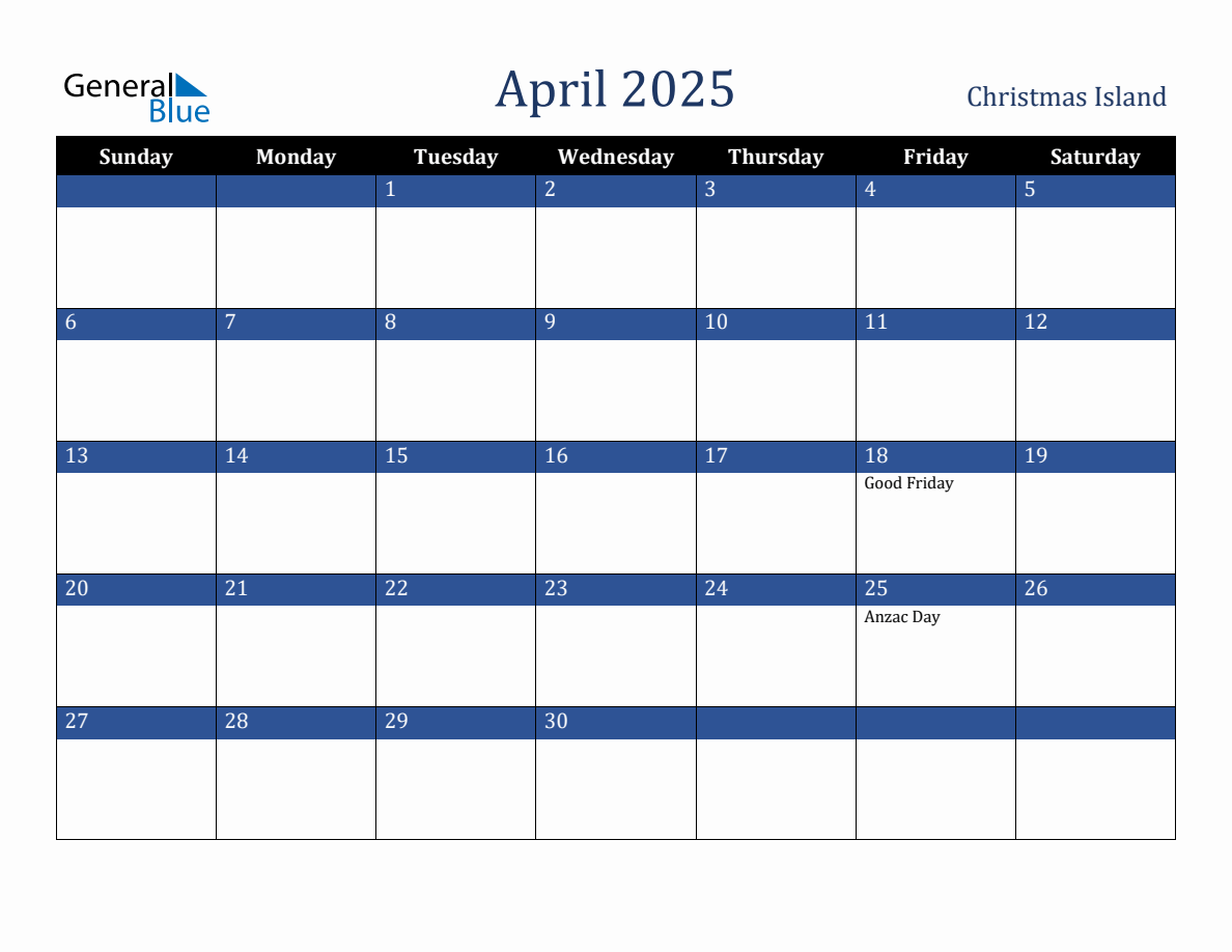 April 2025 Christmas Island Holiday Calendar