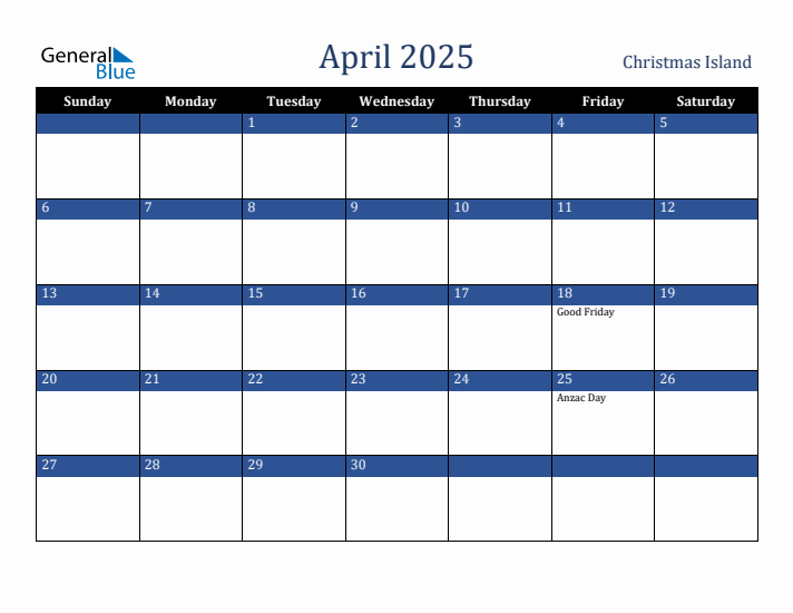 April 2025 Christmas Island Calendar (Sunday Start)