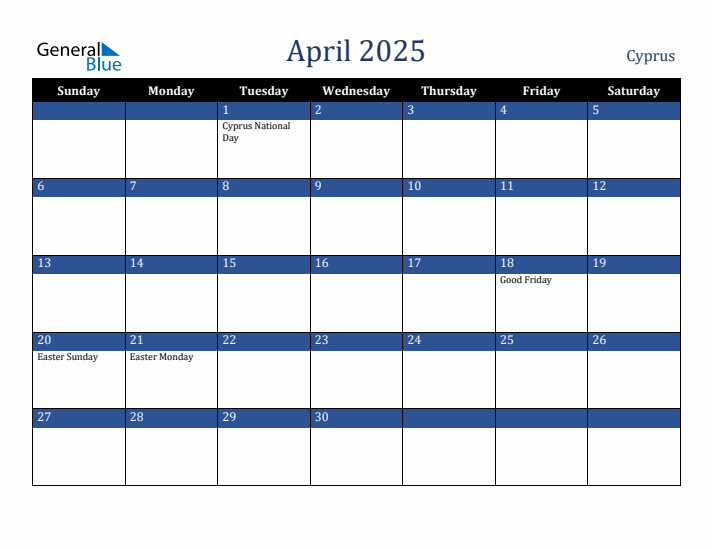 April 2025 Cyprus Calendar (Sunday Start)