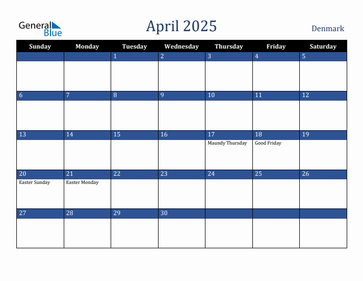 April 2025 Denmark Calendar (Sunday Start)