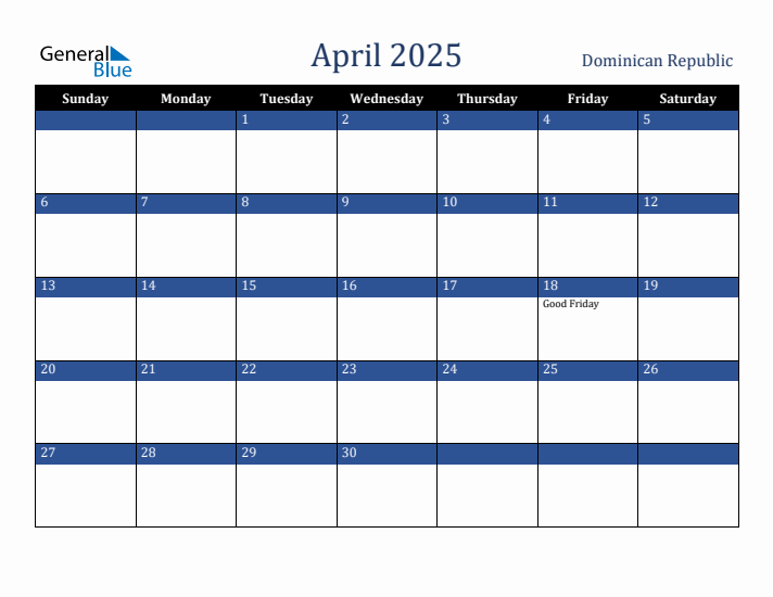 April 2025 Dominican Republic Calendar (Sunday Start)
