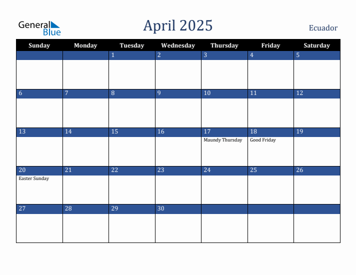 April 2025 Ecuador Calendar (Sunday Start)