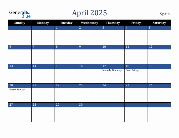 April 2025 Spain Calendar (Sunday Start)