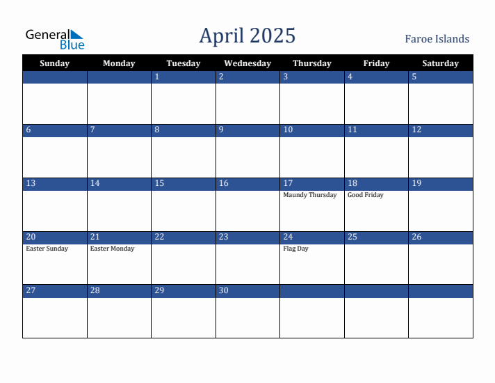 April 2025 Faroe Islands Calendar (Sunday Start)