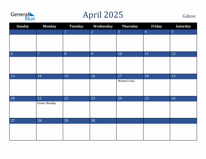 April 2025 Gabon Calendar (Sunday Start)