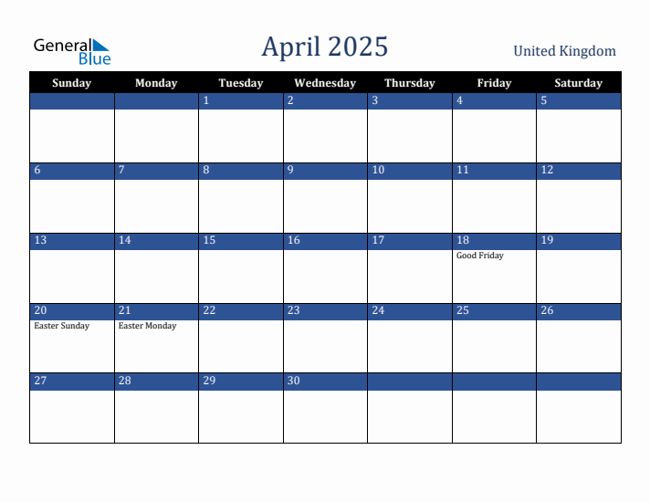 April 2025 United Kingdom Calendar (Sunday Start)