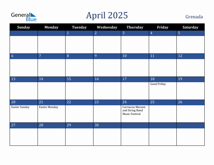 April 2025 Grenada Calendar (Sunday Start)