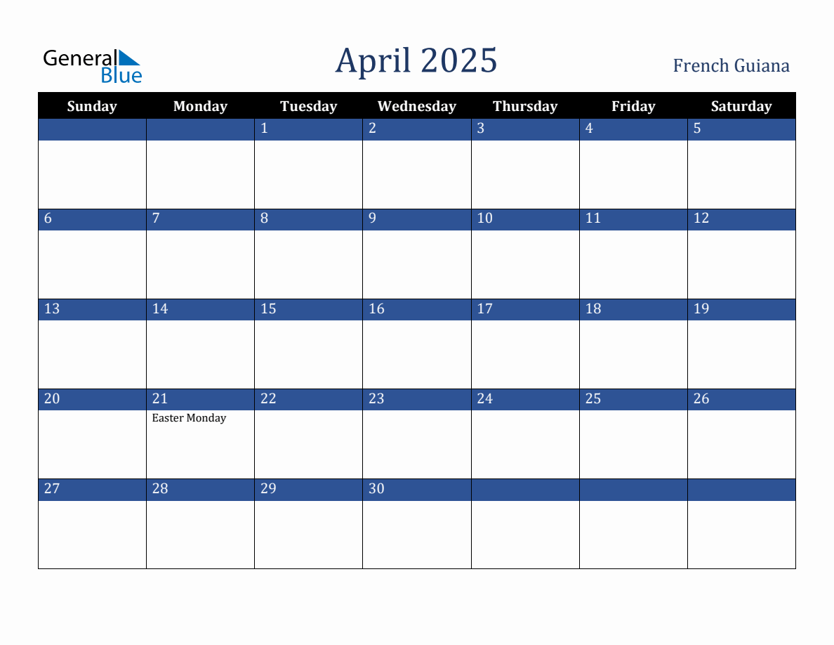 April 2025 French Guiana Holiday Calendar