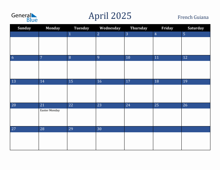 April 2025 French Guiana Calendar (Sunday Start)