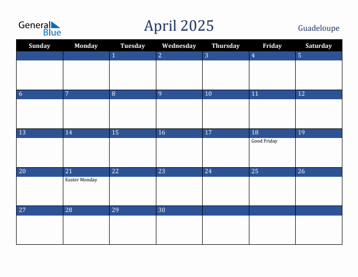 April 2025 Guadeloupe Calendar (Sunday Start)