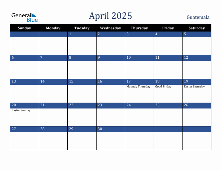 April 2025 Guatemala Calendar (Sunday Start)