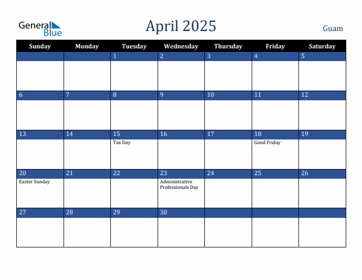 April 2025 Guam Calendar (Sunday Start)
