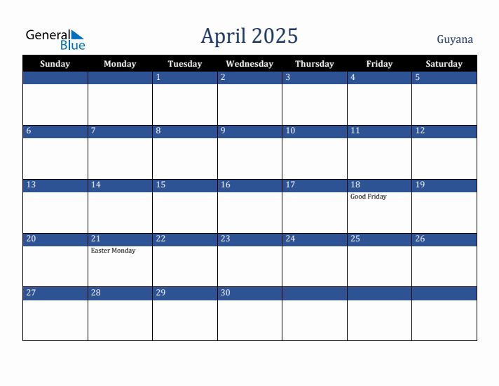 April 2025 Guyana Calendar (Sunday Start)