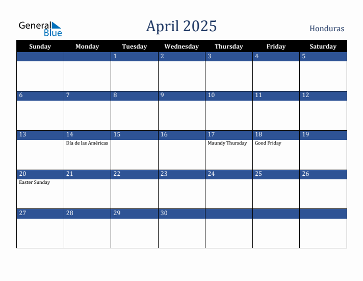 April 2025 Honduras Calendar (Sunday Start)