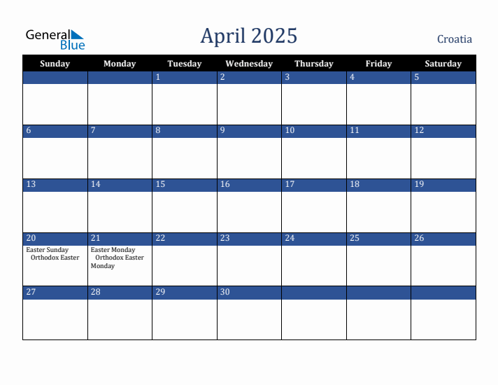 April 2025 Croatia Calendar (Sunday Start)