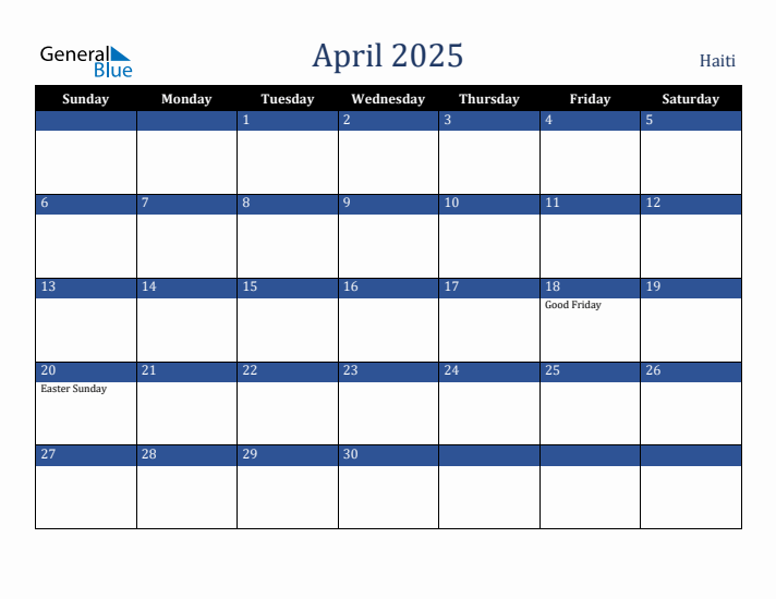 April 2025 Haiti Calendar (Sunday Start)