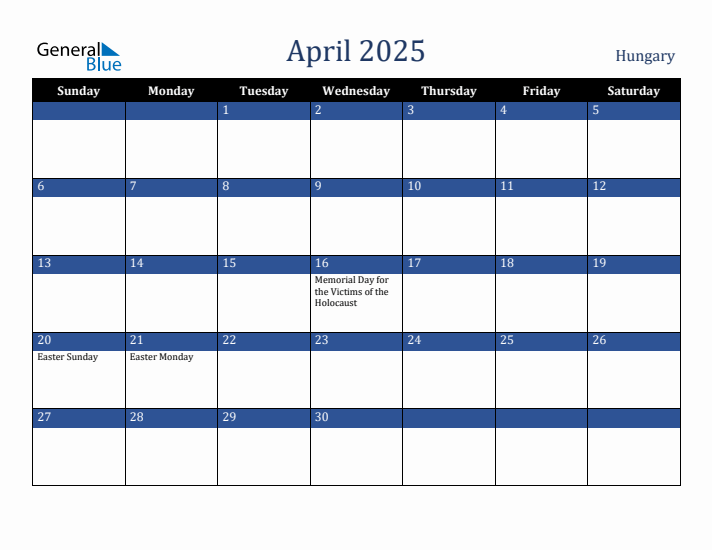 April 2025 Hungary Calendar (Sunday Start)
