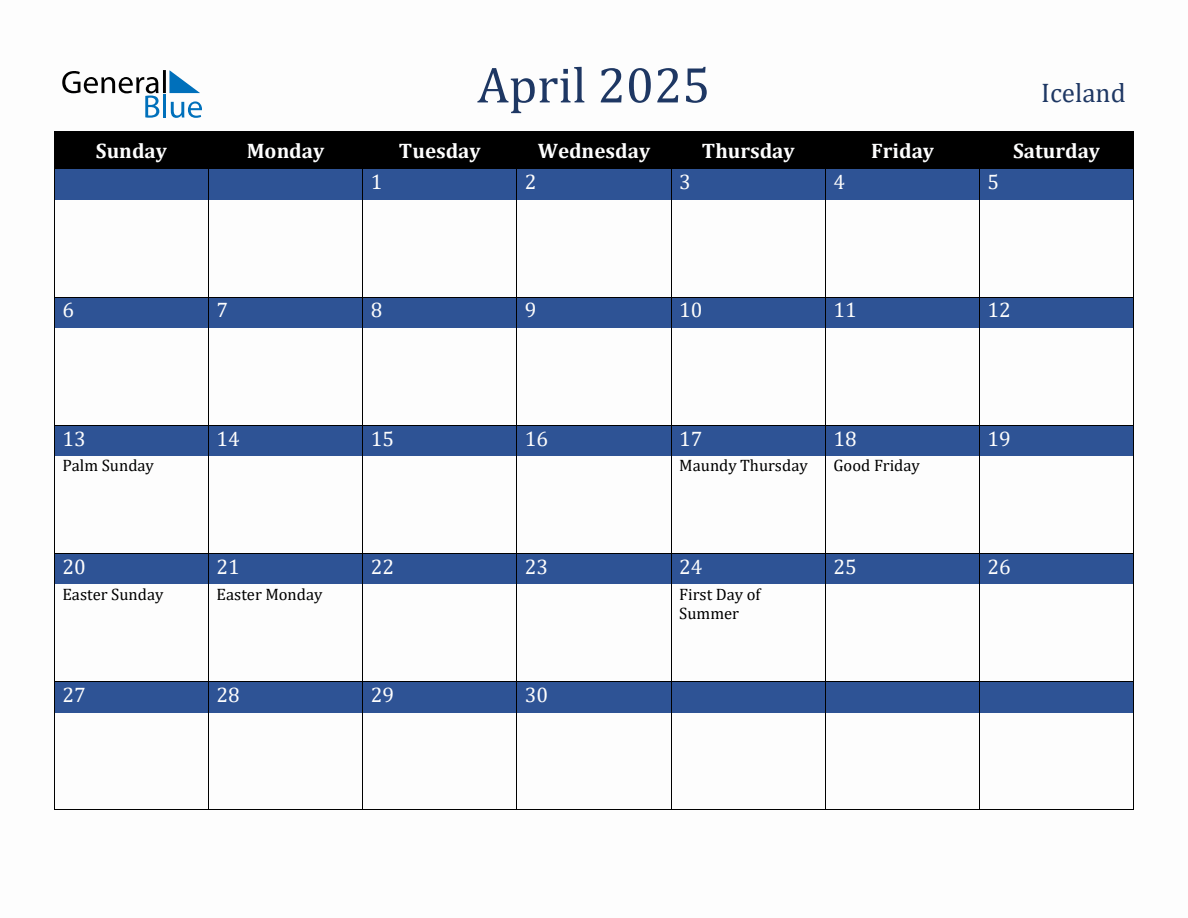 April 2025 Iceland Holiday Calendar