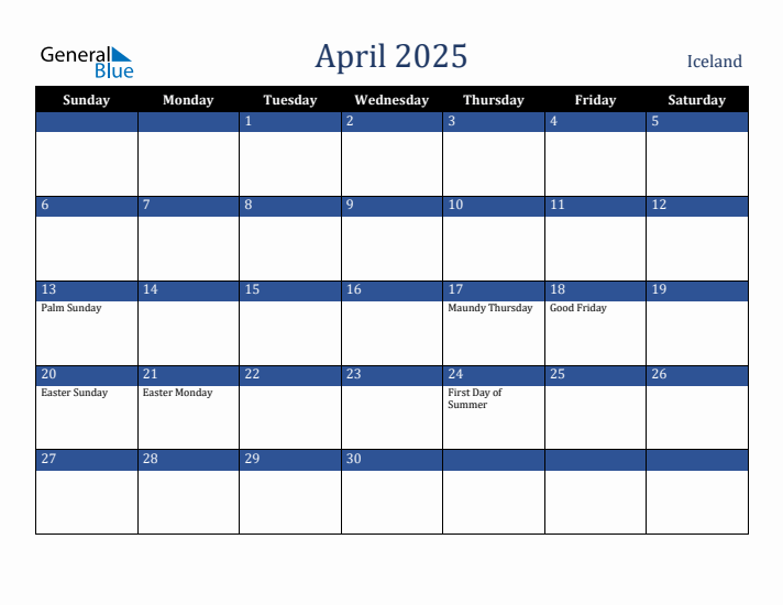 April 2025 Iceland Calendar (Sunday Start)