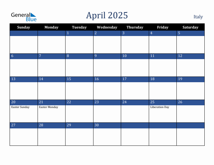 April 2025 Italy Calendar (Sunday Start)