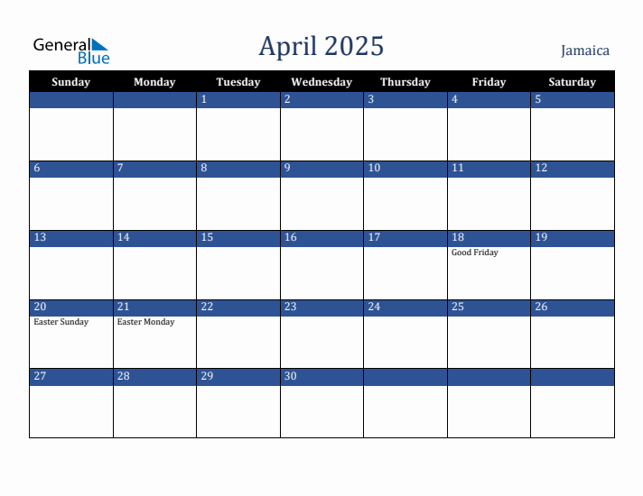 April 2025 Jamaica Calendar (Sunday Start)