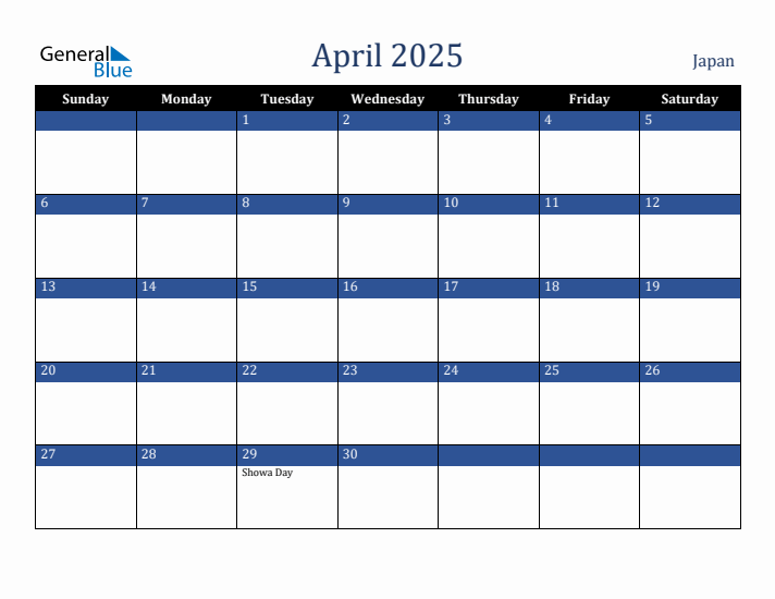 April 2025 Japan Calendar (Sunday Start)