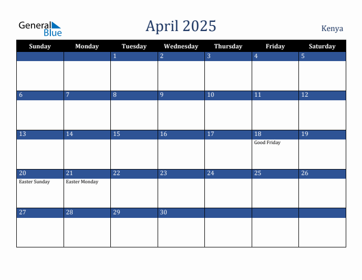 April 2025 Kenya Calendar (Sunday Start)