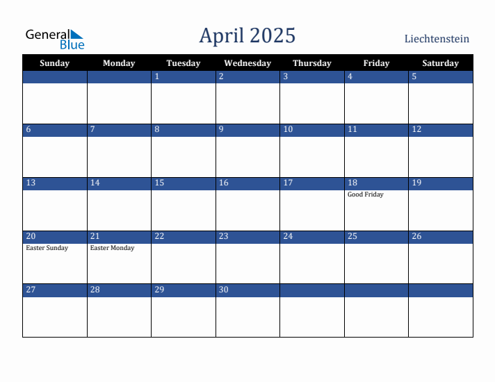 April 2025 Liechtenstein Calendar (Sunday Start)