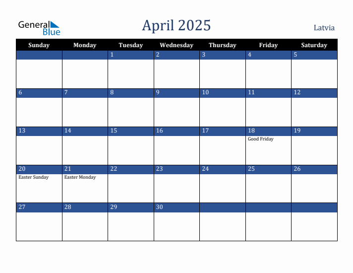 April 2025 Latvia Calendar (Sunday Start)