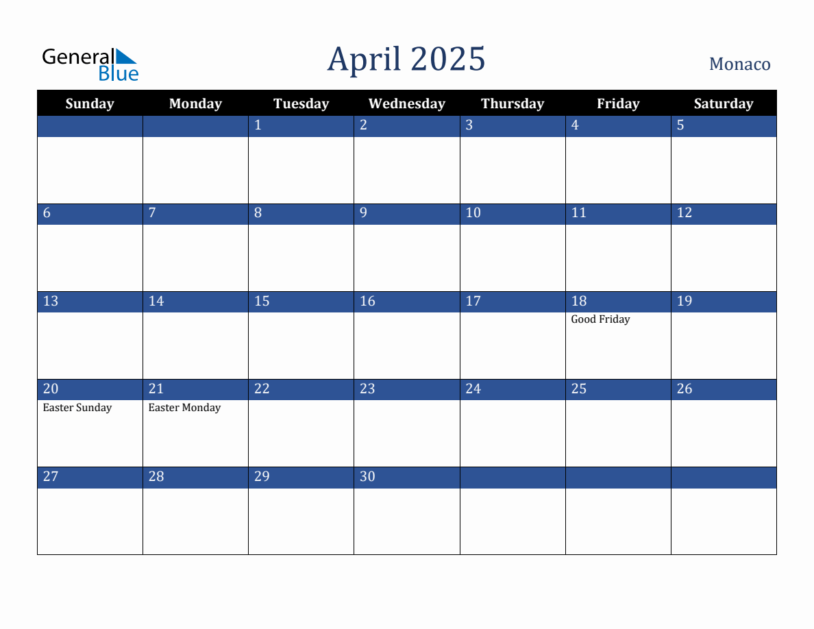 April 2025 Monaco Holiday Calendar