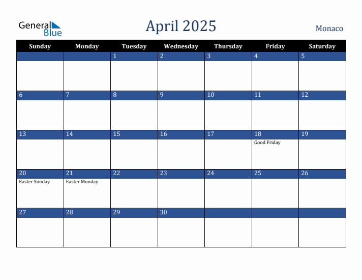 April 2025 Monaco Calendar (Sunday Start)