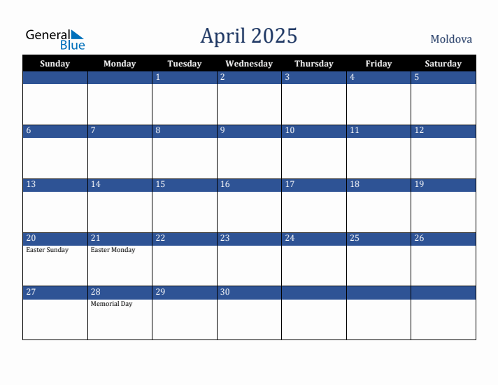 April 2025 Moldova Calendar (Sunday Start)