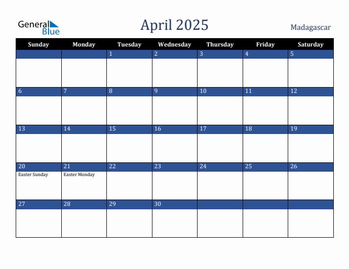 April 2025 Madagascar Calendar (Sunday Start)