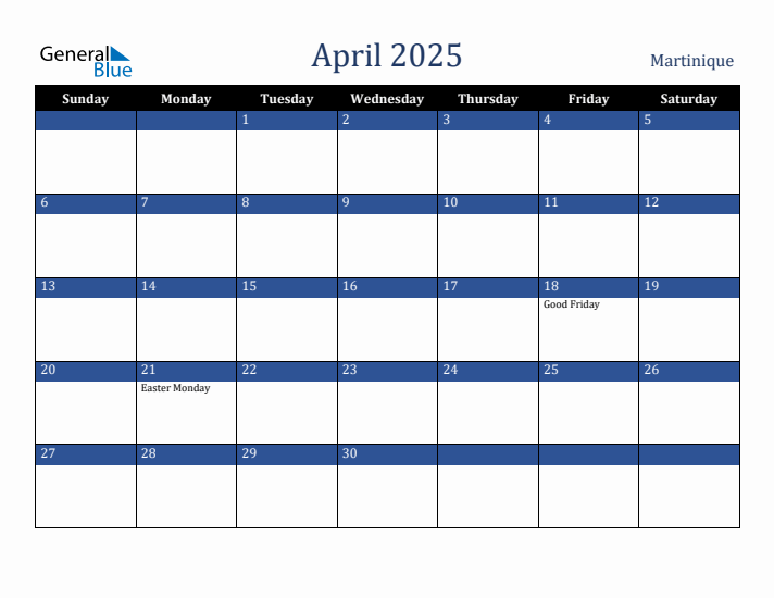 April 2025 Monthly Calendar with Martinique Holidays