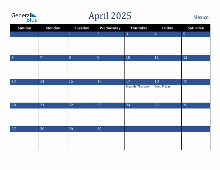 April 2025 Mexico Calendar (Sunday Start)