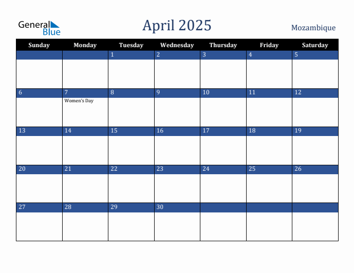 April 2025 Mozambique Calendar (Sunday Start)