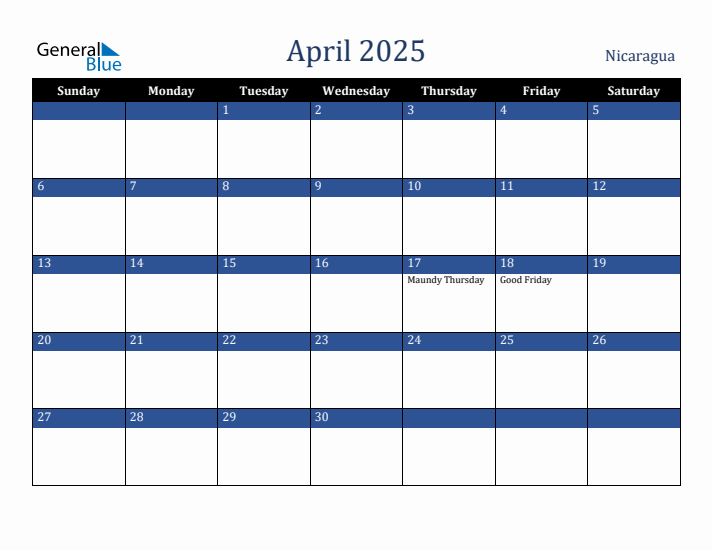 April 2025 Nicaragua Calendar (Sunday Start)